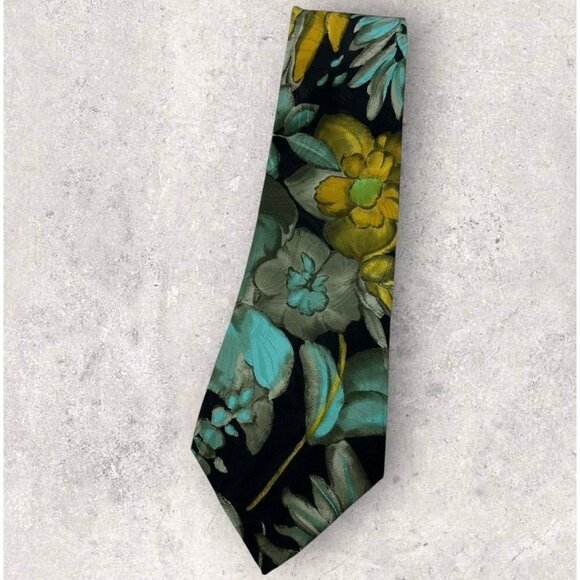 CARNAVAL DE VENISE Silk Tie Black Blue Floral W:4" EUC - Picture 1 of 6